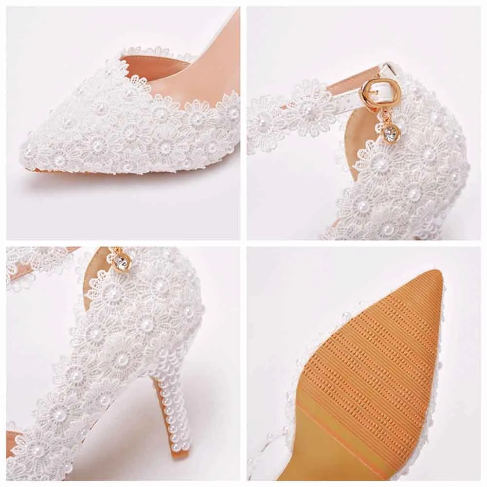 Women White Wedding Lace-up Sandals High Heels Bridal Mary jane shoes