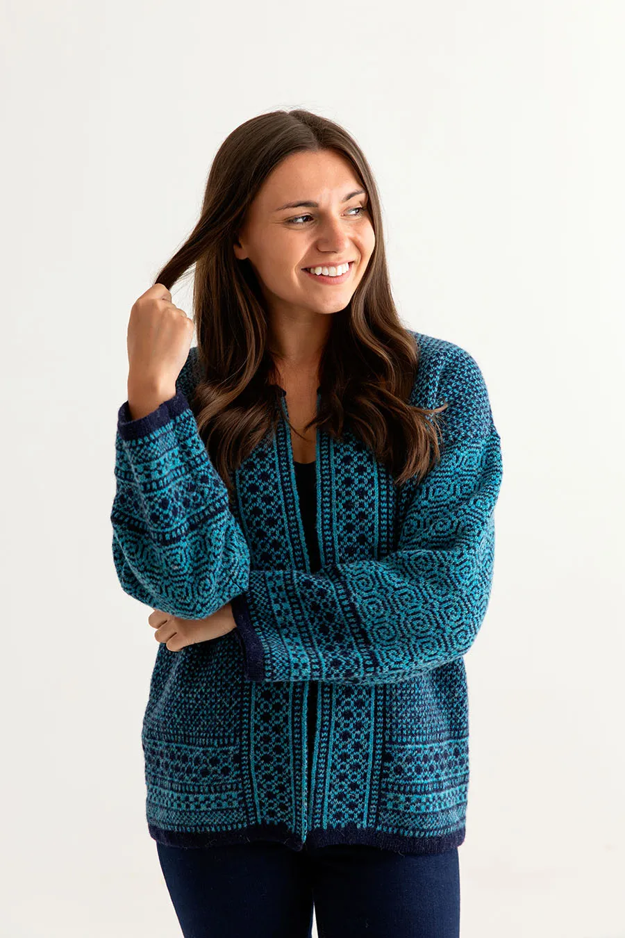 Womens Fair isle Towie Kimono Cardigan / Coatigan - Navy