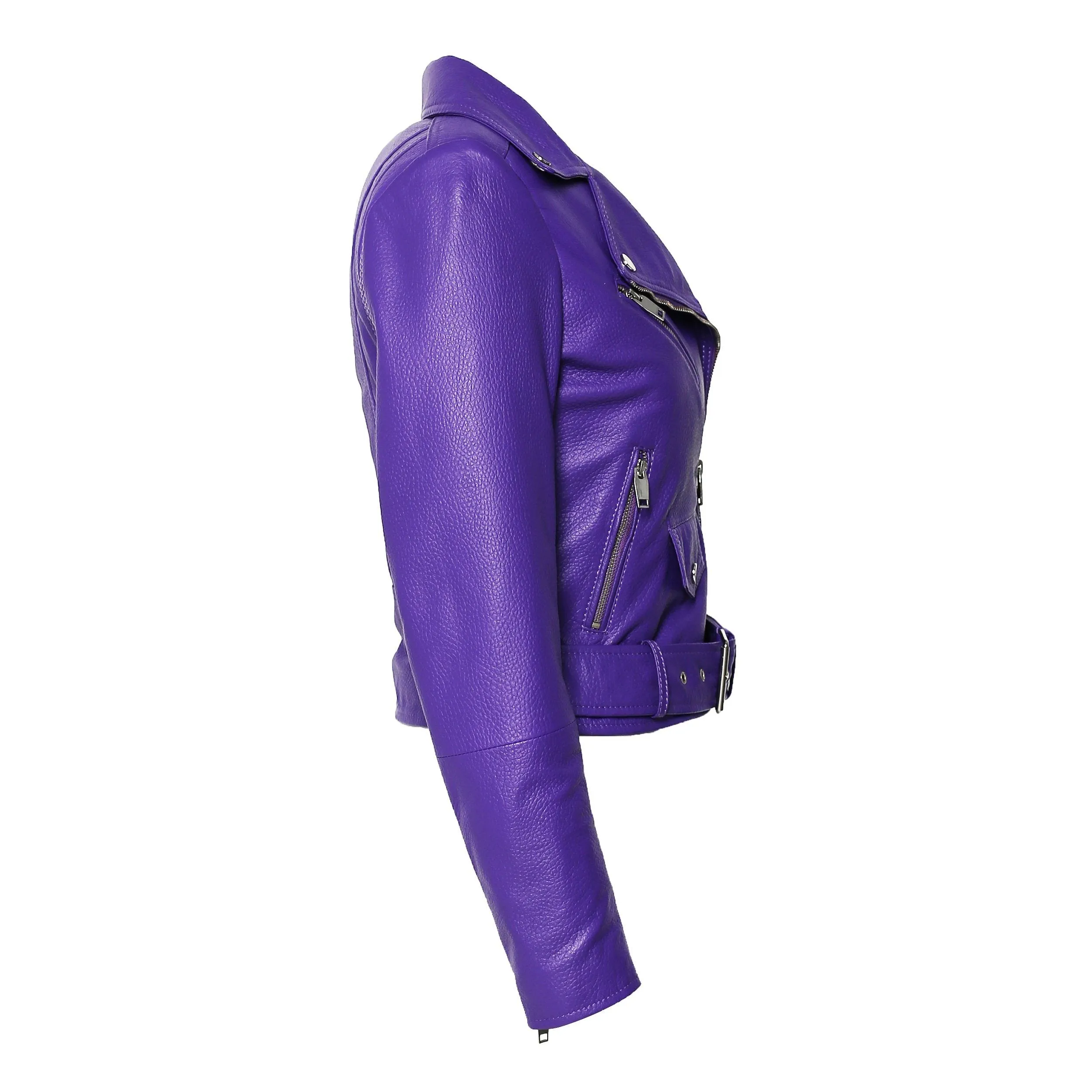 Womens Moto Nappa in Deerskin Emboss Print Purple Leather Jacket