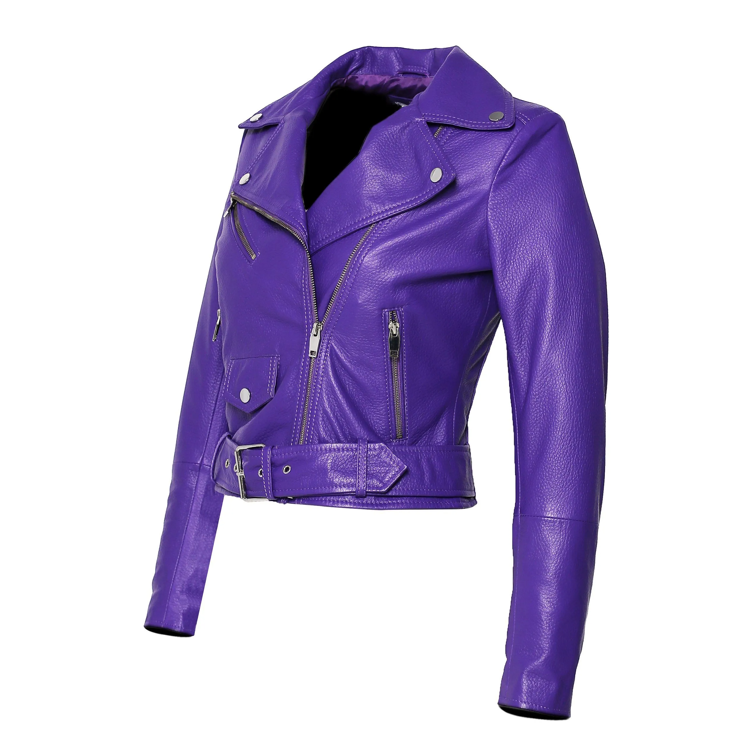 Womens Moto Nappa in Deerskin Emboss Print Purple Leather Jacket