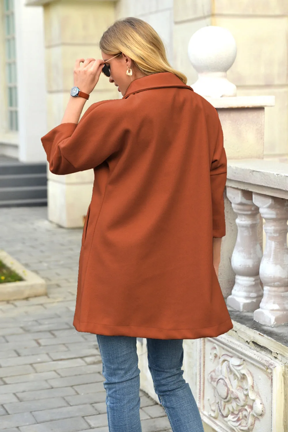 Woolen 3 / 4-Sleeved Lapel Long Button Coat