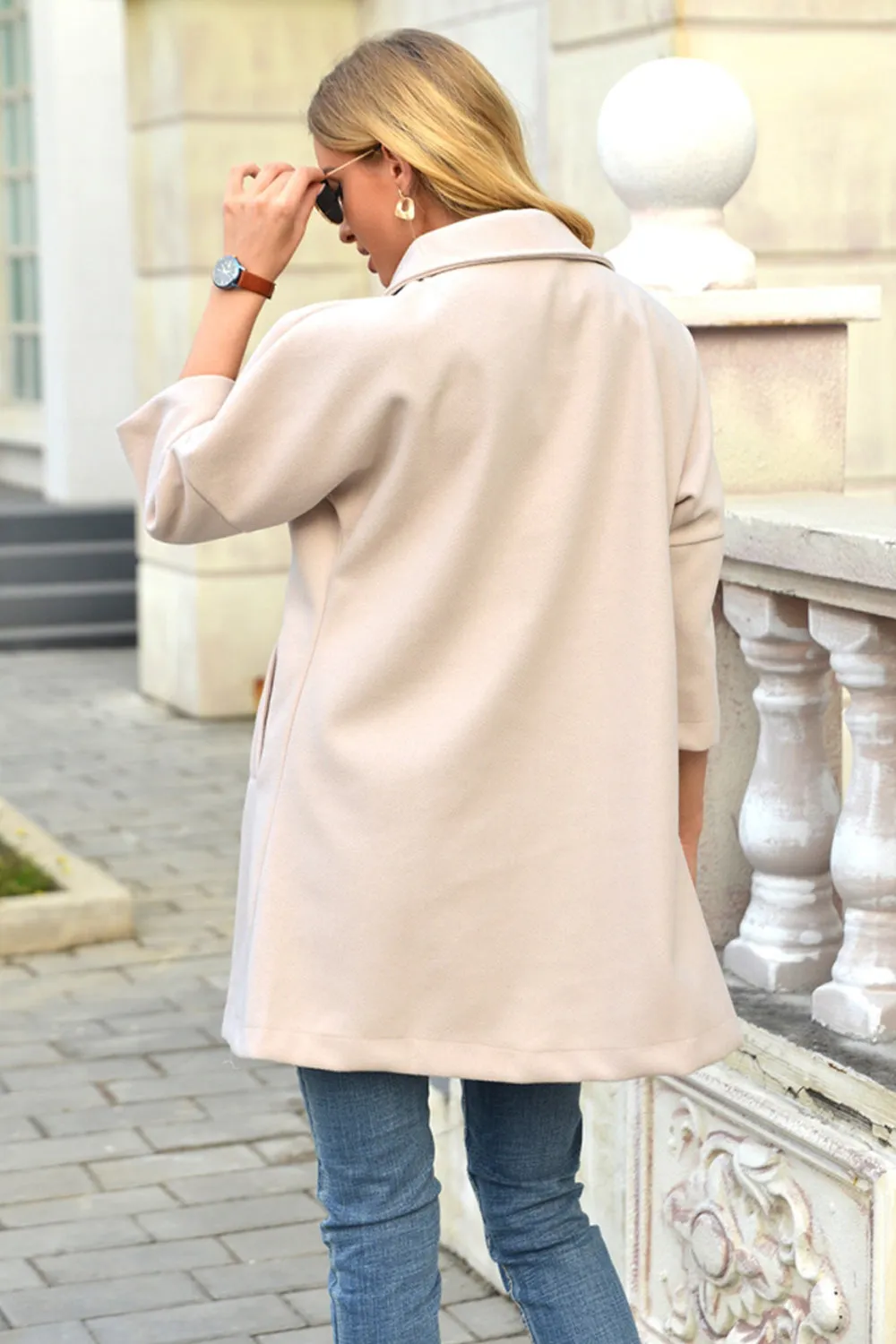 Woolen 3 / 4-Sleeved Lapel Long Button Coat