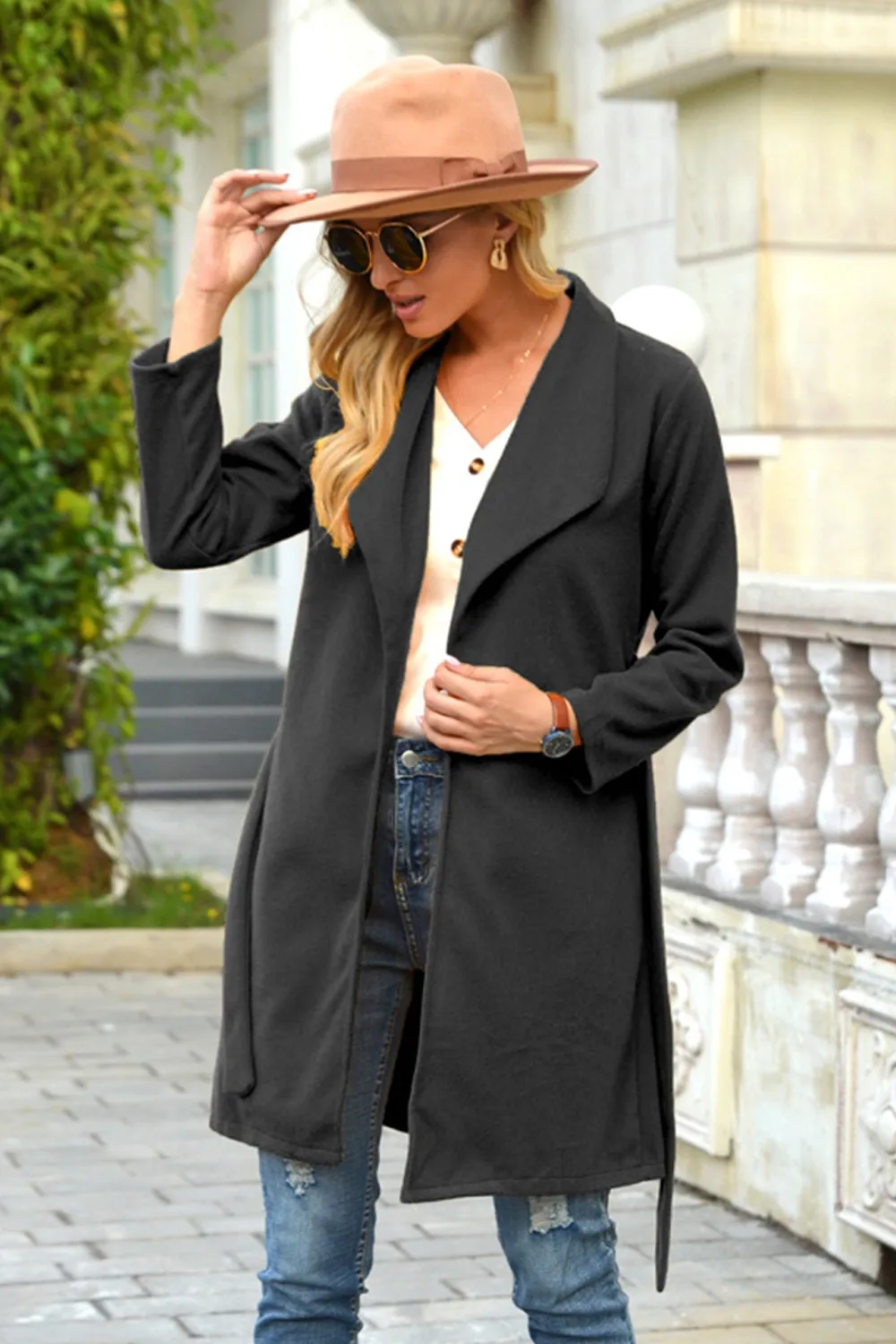 Woolen Lapel Tie Long Coat