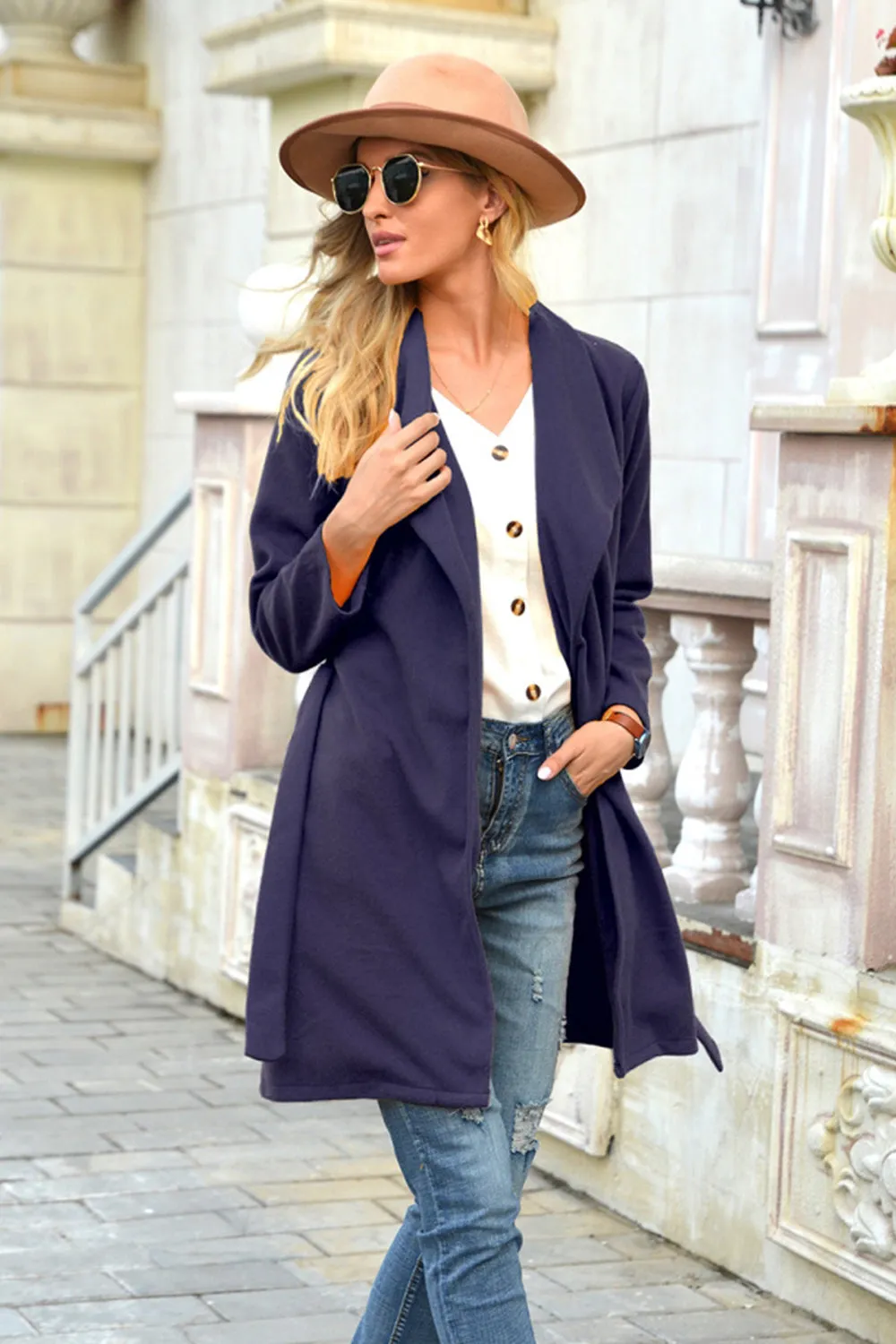 Woolen Lapel Tie Long Coat