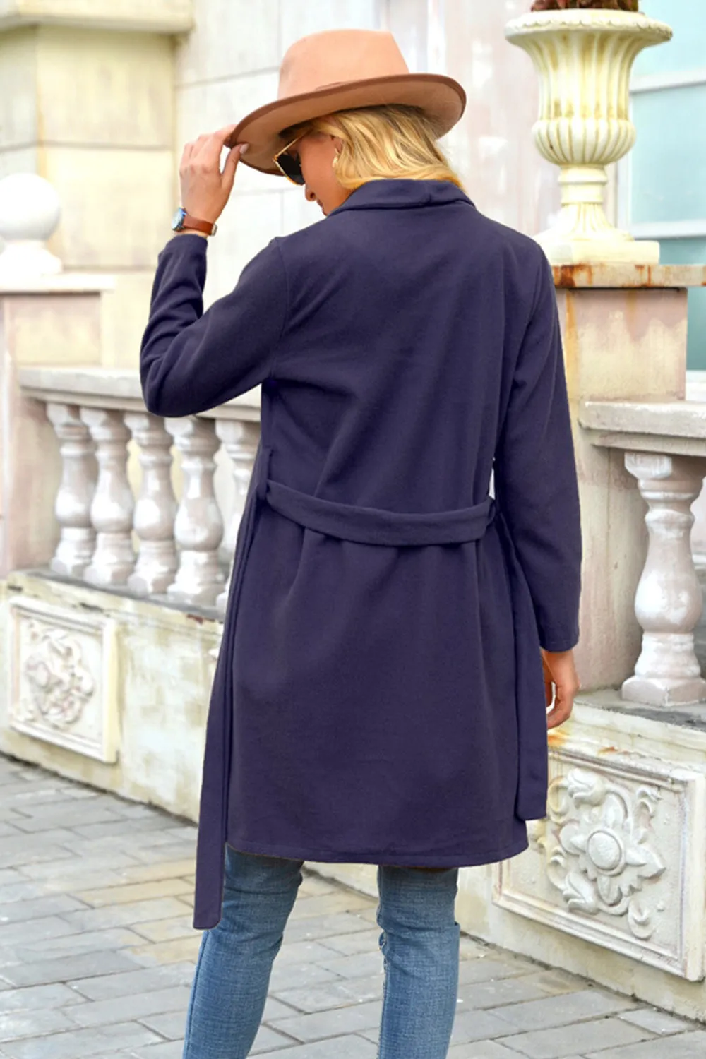 Woolen Lapel Tie Long Coat