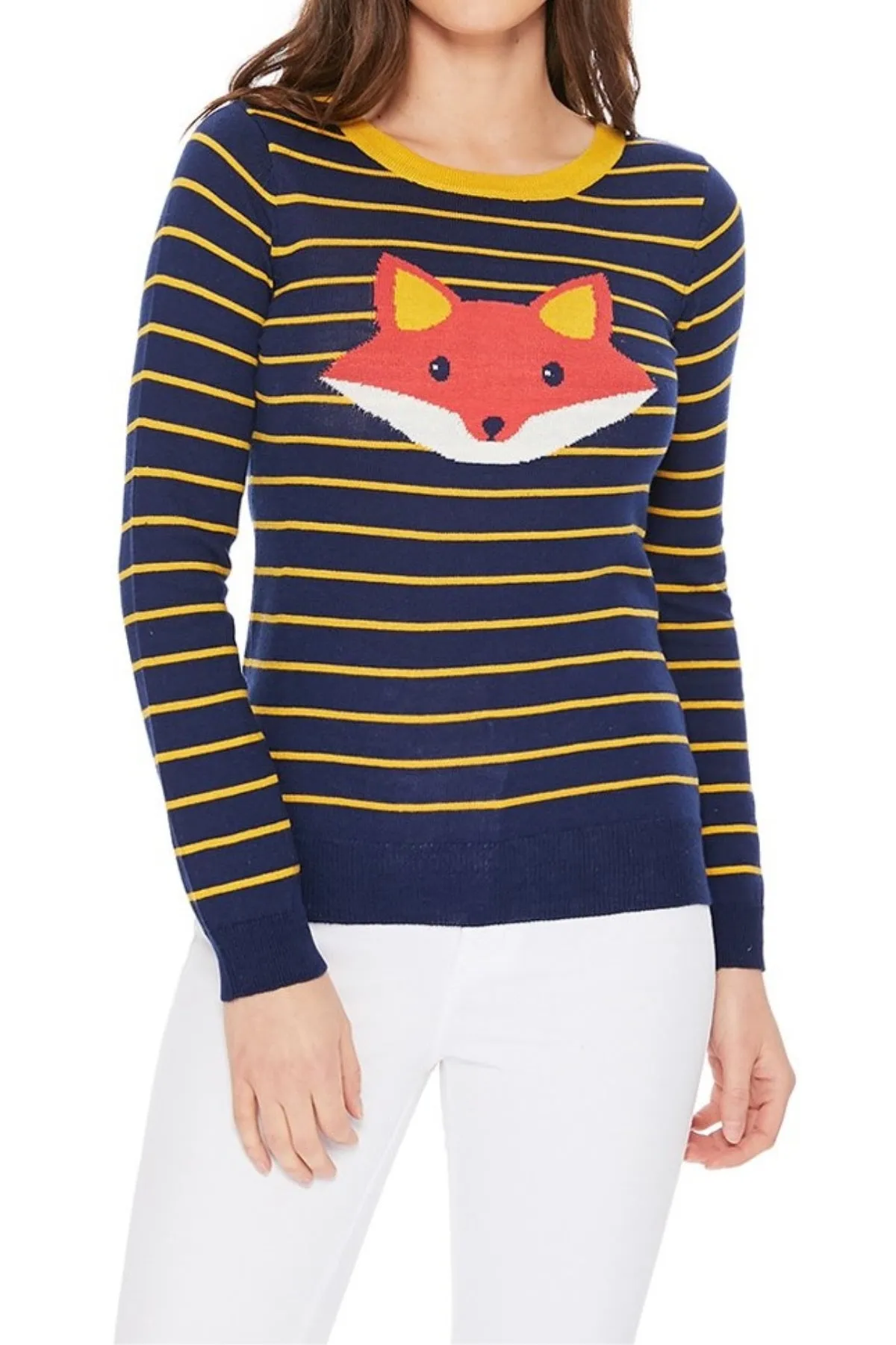 YEMAK Women's Adorable Fox Face Round Neck Stripe Patterned Long Sleeve Pullover Sweater MK3279